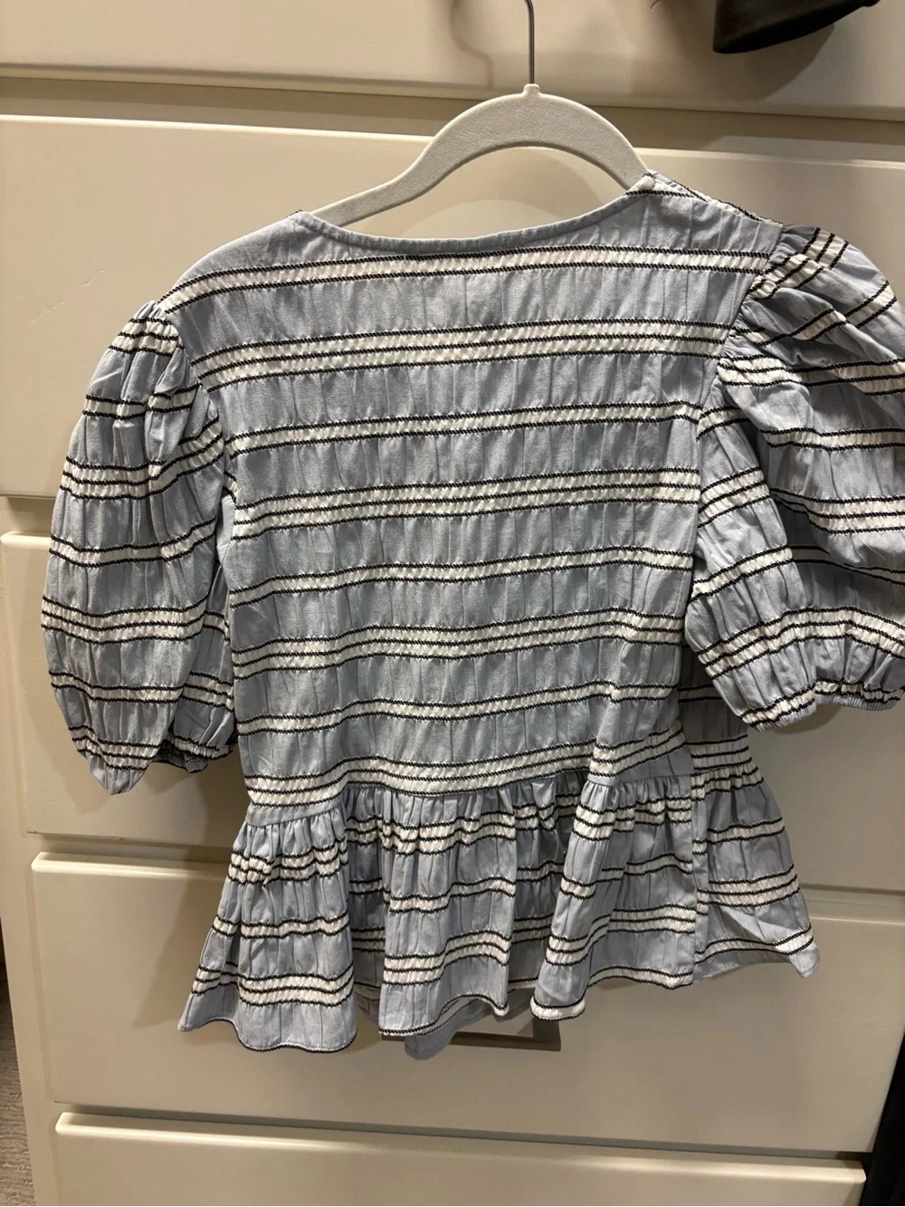 English Factory Blue and White Striped Puff-Sleeve Tie-Front Top